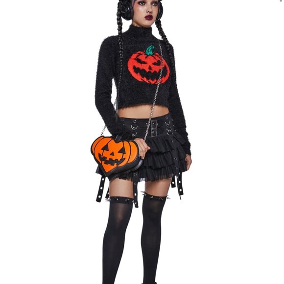 Dolls Kill Sweaters - Dolls Kill Halloween Pumpkin cropped black fuzzy sweater (S-M)